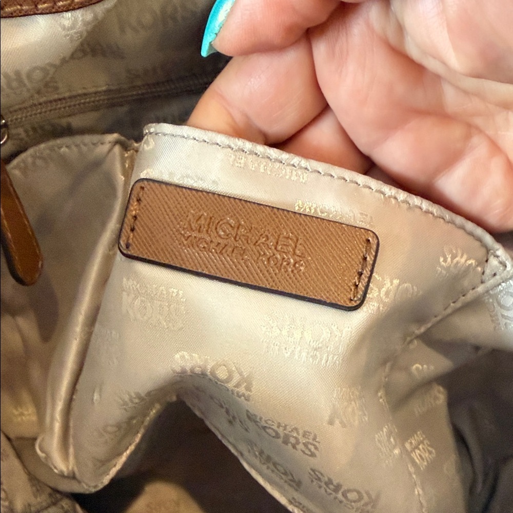 Michael Kors Cream and Brown Tote Bag coated leather gold purse handbag MK - Picture 8 of 11